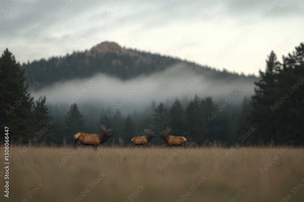 Poster three elk are grazing in a field with a mountain in the background