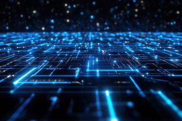 glowing cyber shield pulses over a digital grid neon blue circuitry dark void backdrop sleek futuristic security aesthetic