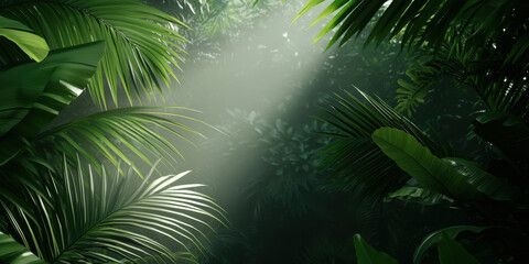 A lush jungle scene with green foliage and soft rays of sunlight filtering through the dense leaves, creating a serene and mystical atmosphere.