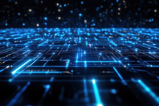 glowing cyber shield pulses over a digital grid neon blue circuitry dark void backdrop sleek futuristic security aesthetic