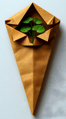3D Render of a Paper Origami Cone with a Green Plant Inside