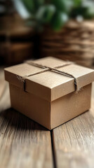 Rustic Brown Gift Box on Wooden Surface: A Still Life Product Photo