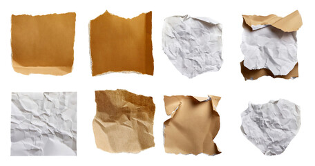 Obraz premium Various Textures of Crumpled Paper and Cardboard Materials, Bundle Set Collection, Isolated on Transparent Background