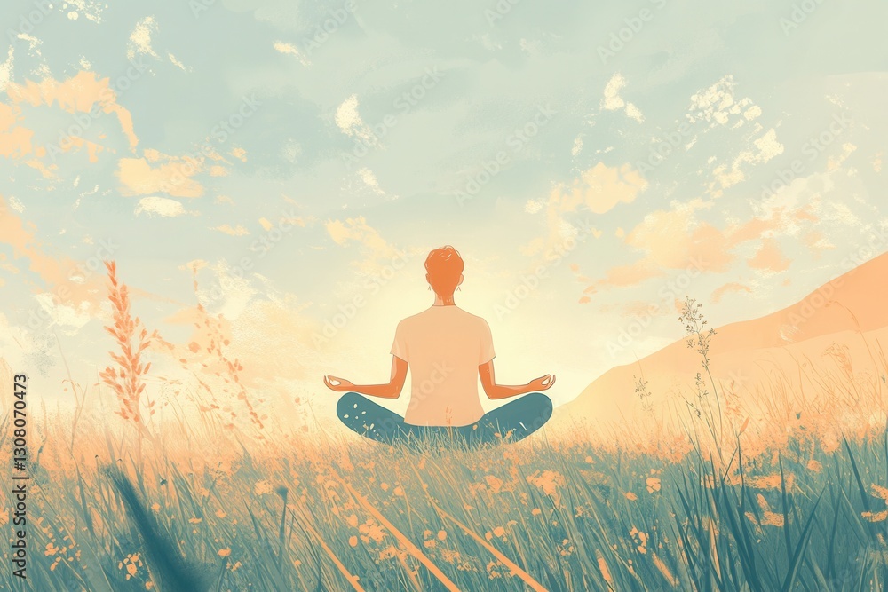 Aufkleber illustration of a person practicing meditation surrounded by nature during a serene sunset with soft
