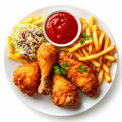 Crispy Fried Chicken Drumsticks with French Fries, Coleslaw, and Ketchup - A Delicious Realistic Food Photograph