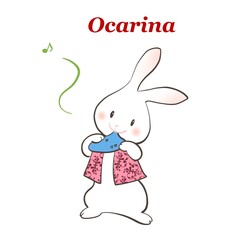 ウサギが楽しそうにオカリナを吹いているイラスト