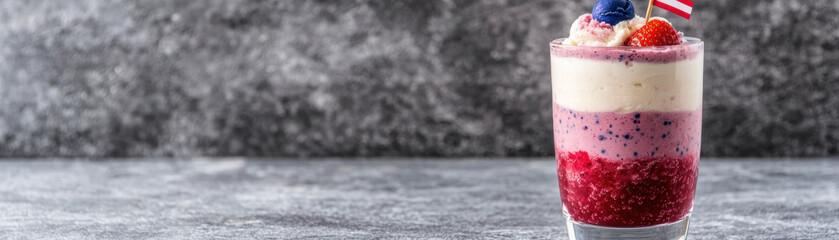 4th of July dessert. Layered fruit dessert in a glass with berries and cream on a textured background.