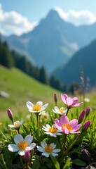Fototapeta premium Close-up of delicate alpine meadow flowers in a mountain setting, beauty, mountain