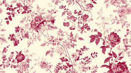 Obraz premium Vintage inspired seamless toile de jouy pattern featuring intricate floral designs in shades of pink on soft cream background, evoking classic and elegant aesthetic. Timeless - Garden. Illustration