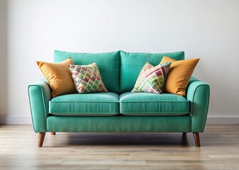 Cozy Fabric Loveseat with Throw Pillows - White Background Stock Photo