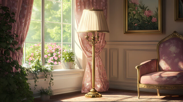 Vintage ornate floor lamp with intricate brass or bronze details adding a touch of nostalgic charm and timeless elegance to a classic cozy bedroom interior design. Timeless - Garden. Illustration
