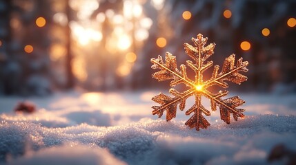 Golden snowflake sunset winter snow forest card
