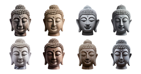 Buddha Head Statues Collection in Diverse Color Variations, PNG bundle collection, Isolated on Transparent Background