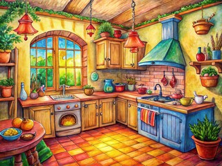 Obraz premium Cozy Kitchen Ink Drawing: Whimsical Warm Lighting & Comforting Aromas - Stock Photo