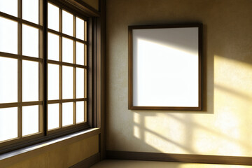 Obraz premium Sunlit room corner with framed blank canvas and traditional window design