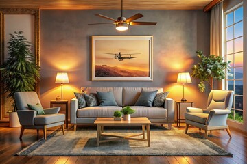 Fototapeta premium Cozy Living Room Interior Drone Shot with Frame Mockup - Perfect for Home Decor & Real Estate