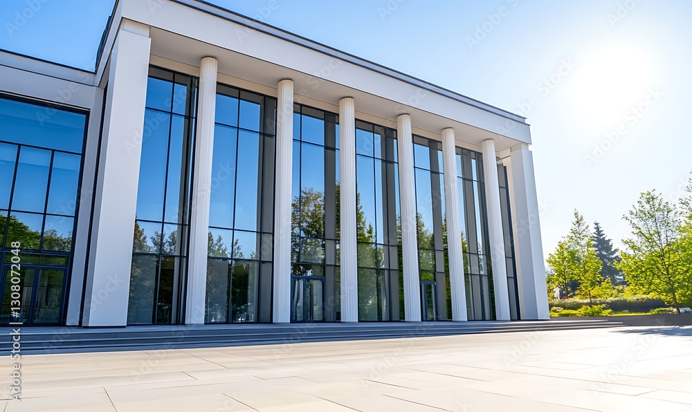 Poster modern building facade with large glass windows and tall columns under bright sunlight.