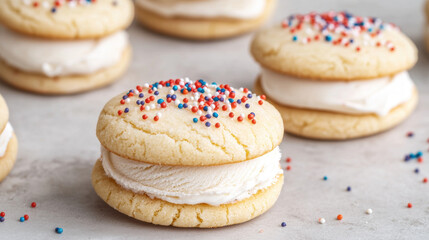 4th of July dessert. Delicious sandwich cookies with icing and colorful sprinkles.
