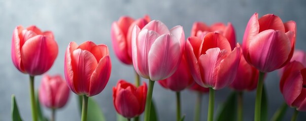 Fototapeta premium Close up of delicate tulip petals in shades of red, pink, and purple on a gray backdrop, backdrop, pink