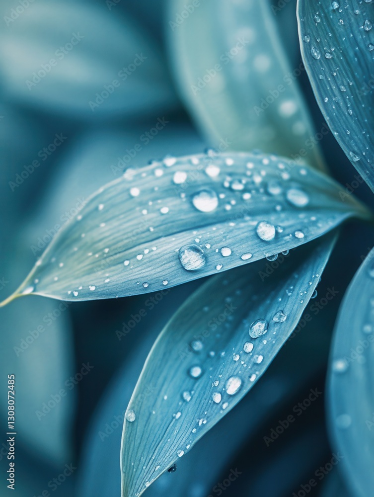Poster soft droplets resting on muted blue leaves create a tranquil atmosphere of reflection and calm in na
