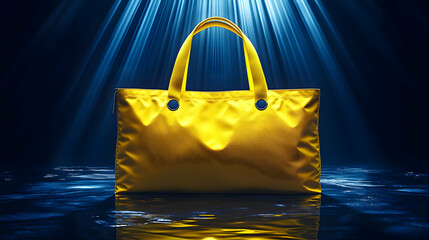 3D Render of Yellow Tote Bag on Dark Blue Reflective Surface