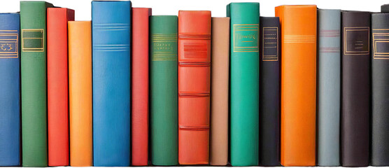 Row of colorful books arranged neatly, white isolate background. cut out.