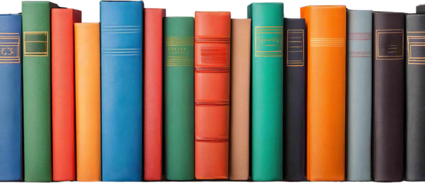 Row of colorful books arranged neatly, white isolate background. cut out.