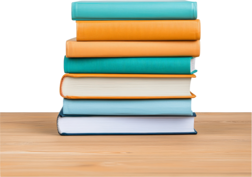 Stack of colorful books on a wooden table, white isolate background. cut out.