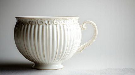 Elegant White Porcelain Teacup Illustration: Ribbed Design with Ornate Details