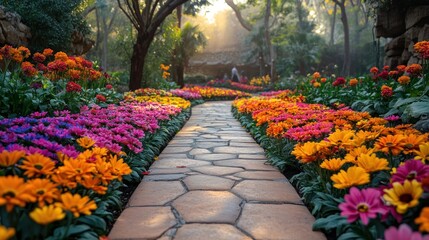 Colorful flower garden path, sunlit, peaceful, morning, relaxing atmosphere, perfect for a background image, could be used for relaxation themes