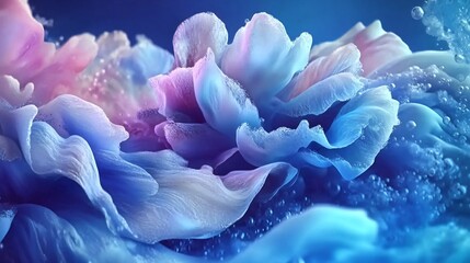 Blue and pink flowers underwater, bubbles background, artistic design, website header