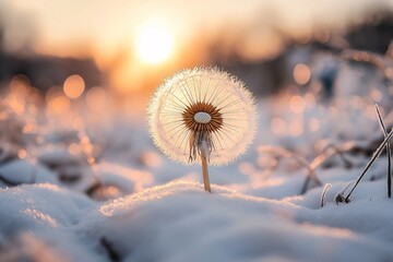 Ephemeral Beauty: Macro Dandelion in Snowy Winter Sunset with Silhouetted Wildflower Vibrance