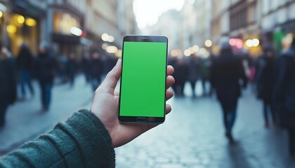 Handheld phone, green screen, city street