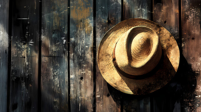 A weathered straw fedora rests on rustic wooden planks, evoking a sense of timeless style and adventure. Timeless - Garden. Illustration