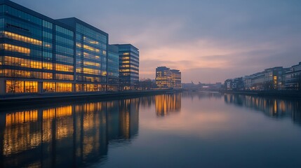 Fototapeta premium Urban buildings reflect in calm water at dusk, illuminated by warm lights.