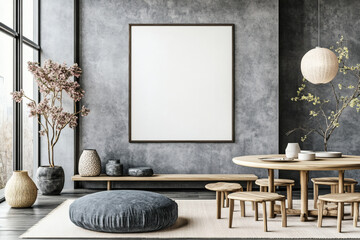 Serene interior with blank picture frame and wooden accents for creative design