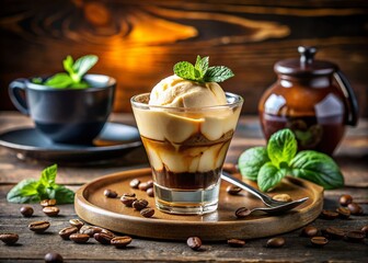 Creamy Affogato Dessert with Coffee and Mint: Long Exposure Photography