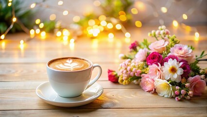 Fototapeta premium Creamy Cappuccino Coffee with Delicate Flowers on Rustic White Wood - Tilt-Shift Photography