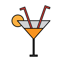 Flat Vector Illustration of a Cocktail Glass with Orange Drink, Two Straws, and Orange Slice Representing Tropical and Refreshing Summer Beverages