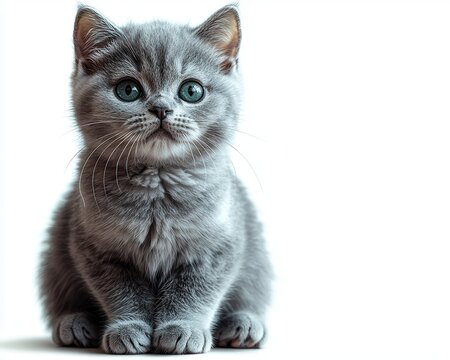 A fluffy gray kitten with bright green eyes sits adorably on a smooth white surface, its tiny paws tucked beneath it, curiously gazing directly at the camera with an innocent expression. - Powered by Adobe