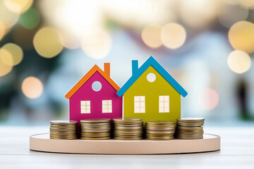 Three stacks of coins with house models on top, real estate investment and mortgage concept, financial growth and property market success
