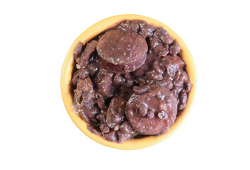 delicious Brazilian feijoada with farofa rice salad served in bowl over piece of wood on blurred background, Brazilian food