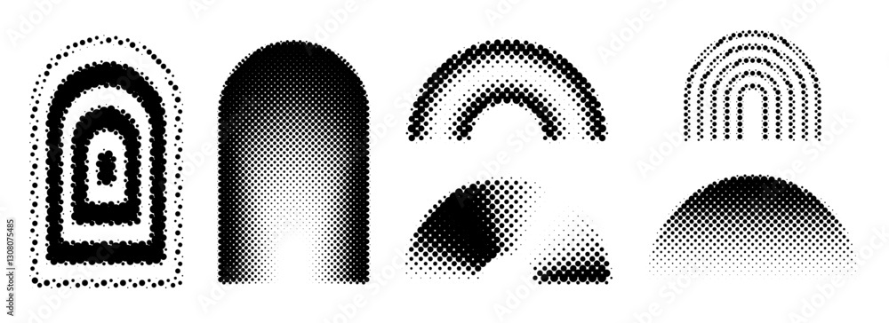 Poster Black halftone arch set. Different pixelated gradient arc collection. Dotted pop art curve element bundle for collage, graphic design template, banner, poster. Comic bitmap 8 bit arches pack. Vector 