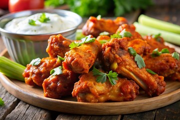 Fototapeta premium Crispy Buffalo Chicken Wings with Creamy Blue Cheese Dip and Celery Sticks