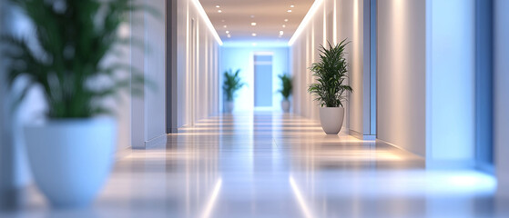 Fototapeta premium Minimalistic corporate office hallway with clean walls and plants