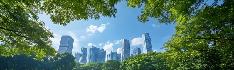 Fototapeta premium City skyline framed by lush green trees under a bright blue sky.