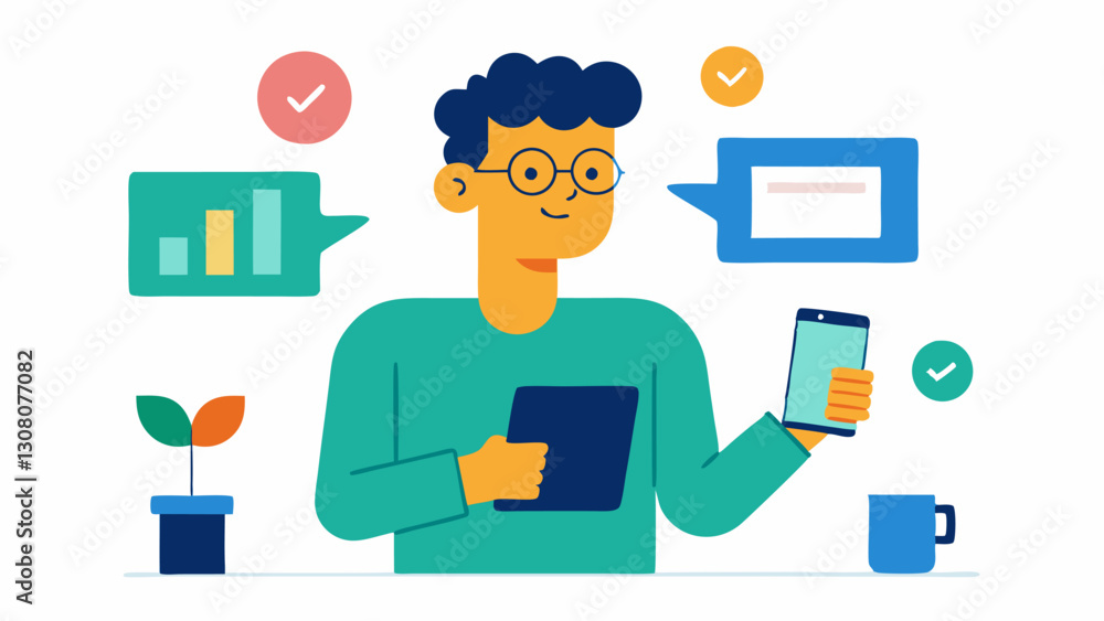 Aufkleber product showcase a character holding a tablet showcasing various product images while jotting down e