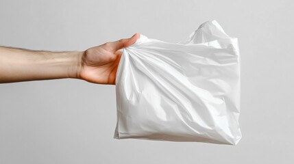 Human hand catching white plastic bag on white background