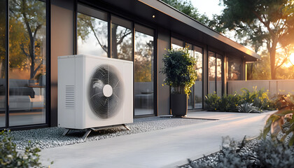 Air source heat pump installed in residential building. Sustainable and clean energy at home. Generative with AI technology 