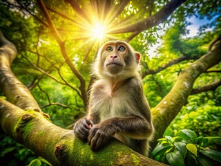 Curious Monkey Gazing Upwards from Treetop - Aerial Drone Shot